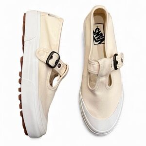 UNISEX Style 93 Beige Canvas White Rubber Mary Jane Sneakers